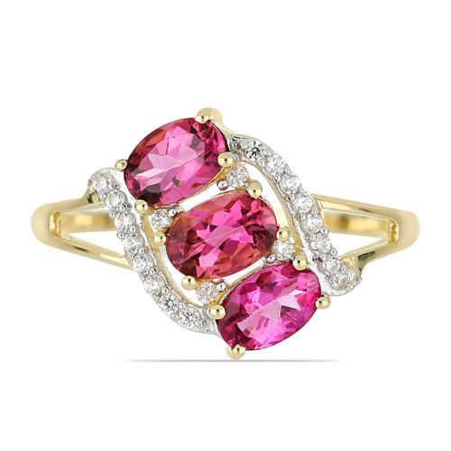 BUY 14K GOLD REAL RUBELLITE GEMSTONE THREE STONES RING